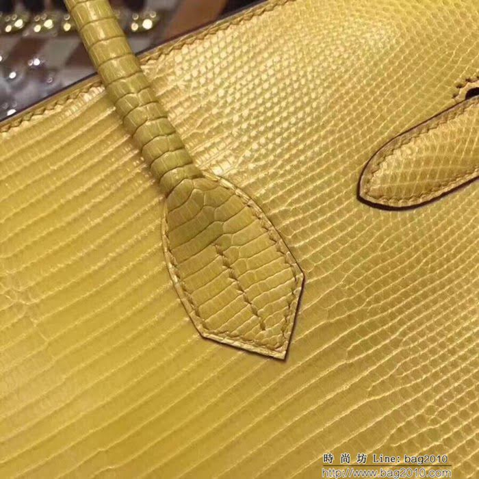 HERMES愛馬仕 鉑金包 Birkin 25cm 蜥蜴 Lizard leather 檸檬黃 銀扣 蠟線手縫 時尚手提包  Ama1151